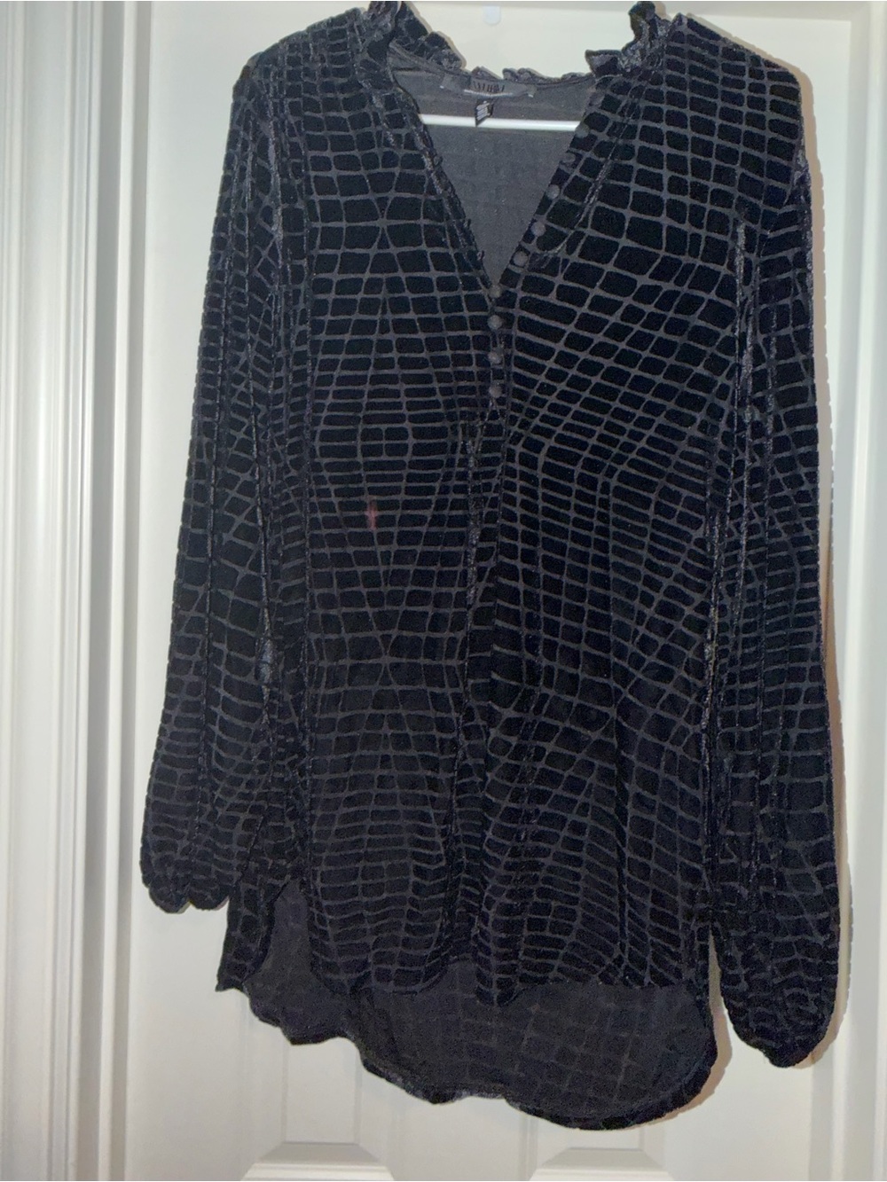 White House Black Market Black Velvet Grid-Pattern Tunic Blouse